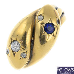 An early 20th century 18ct gold diamond and sapphire snake ring.