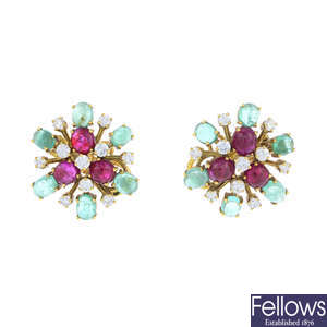 A pair of diamond, ruby and emerald earrings.
