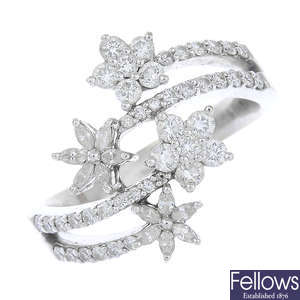A diamond floral crossover ring.
