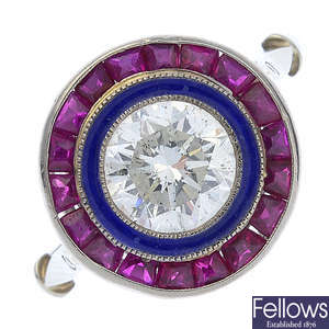 A diamond and ruby enamel dress ring.