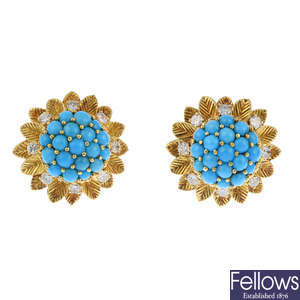 A pair of 1970s 18ct gold turquoise and diamond earrings.