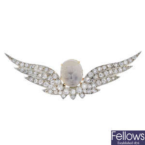 A late Victorian moonstone and diamond brooch.