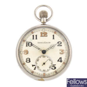 An open face nickel plated military issue pocket watch by Jaeger-LeCoultre.