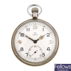 An open face nickel plated military issue pocket watch by Omega.