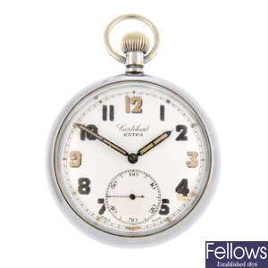 An open face nickel plated military issue pocket watch by Cortebert.
