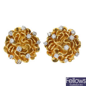 KUTCHINSKY - a pair of 1960s 18ct gold diamond earrings.