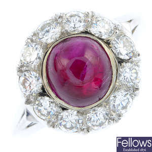 A platinum Burmese ruby and diamond cluster ring.