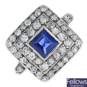 An Art Deco gold sapphire and diamond cluster ring.