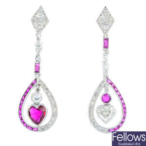 A pair of Thai ruby, ruby and diamond earrings.