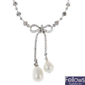 An early 20th century platinum diamond and natural pearl necklace.