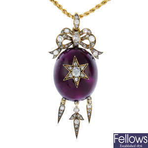 A 19th century gold amethyst and diamond pendant, with chain.