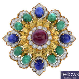DAVID WEBB - a Burmese ruby and Burmese sapphire, diamond and emerald brooch.