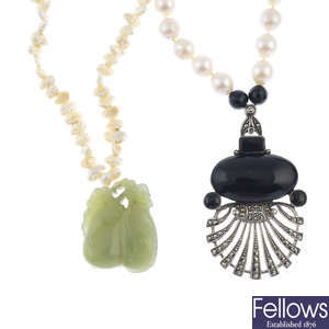 Three cultured pearl and gem-set necklaces.