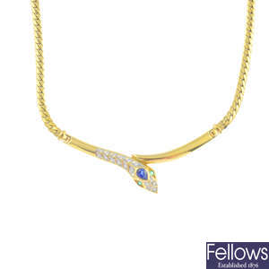 A sapphire, emerald and diamond necklace.