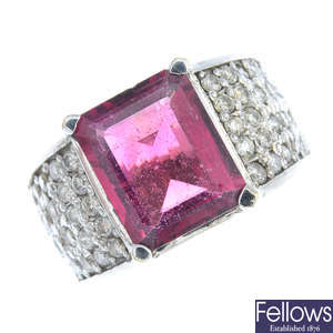 A pink tourmaline and diamond dress ring.