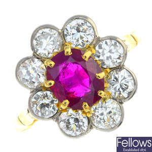 A Burmese ruby and diamond floral cluster ring.