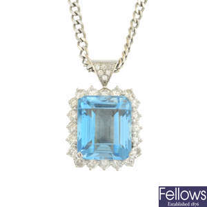 An 18ct gold aquamarine and diamond cluster pendant, with chain.
