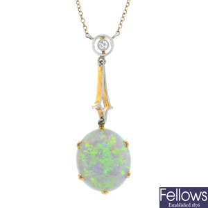 An early 20th century gold and platinum opal and diamond pendant, on chain.