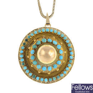 A late Victorian 15ct gold turquoise pendant, with 9ct gold chain.