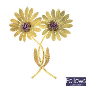 An 18ct gold ruby floral brooch.