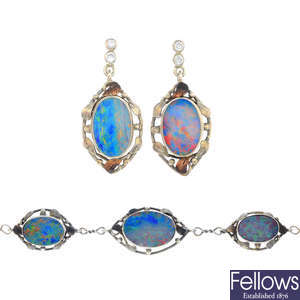 A pair of opal doublet and diamond earrings and a bracelet.