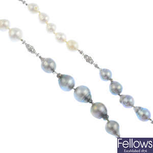 A baroque cultured pearl and diamond necklace.
