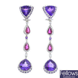 A pair of 18ct gold amethyst, tourmaline and diamond earrings.