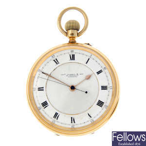 An 18ct yellow gold open face centre seconds pocket watch by Thos. Russel & Son.