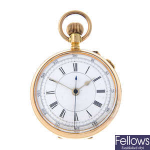 A yellow metal open face centre seconds pocket watch.