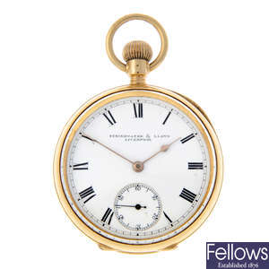 A yellow metal open face pocket watch by Schierwater & Lloyd.