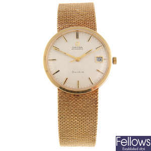 OMEGA - a gentleman's 9ct yellow gold GenÃ¨ve bracelet watch.