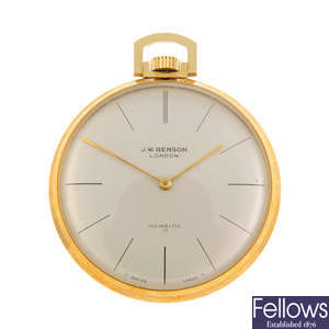 An 18ct yellow gold open face pocket watch by J W Benson.