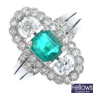 An Art Deco emerald and diamond dress ring.