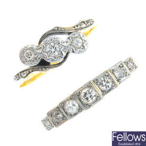 Two mid 20th century 18ct gold and platinum diamond rings.