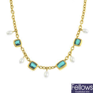 An 18ct gold tourmaline and cultured pearl necklace.