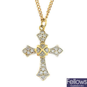 A diamond cross pendant, with a 9ct gold chain.