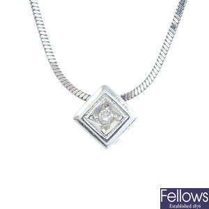 A diamond pendant, with a chain.