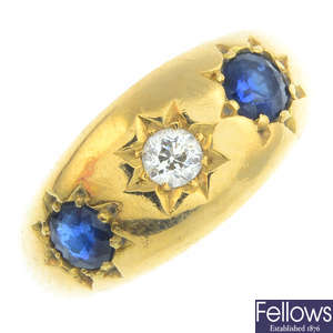An early 20th century 18ct gold diamond and sapphire three-stone ring.