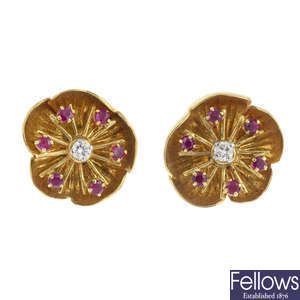 A pair of 1960s 18ct gold diamond and ruby floral earrings.
