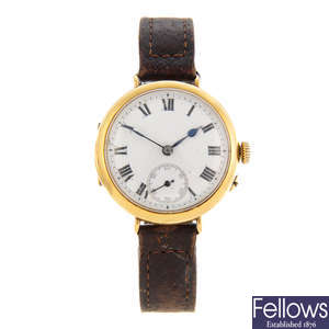 A gentleman's 18ct yellow gold trench style wrist watch.