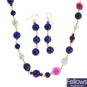 A cultured baroque pearl, glass-filled ruby and lapis lazuli necklace, with matching earrings.