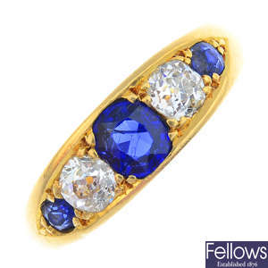 An early 20th century 18ct gold sapphire and diamond five-stone ring.