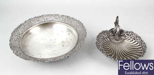 Two silver dishes plus a candlestick with filled base, all marked 925. (3).