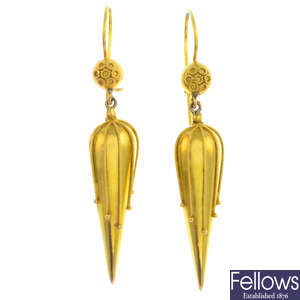 A pair of late Victorian 15ct gold earrings.