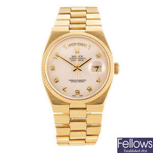 ROLEX - a gentleman's 18ct yellow gold Oyster-Quartz Day-Date bracelet watch.