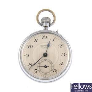 A nickel plated open face Jubilee pocket watch by Services with a gold plated pocket watch and silver pocket watch.