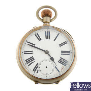 A base metal open face Goliath pocket watch with an eight day clock and a barometer.