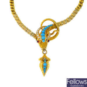 A mid Victorian gold turquoise and diamond snake necklace.
