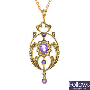 A 9ct gold amethyst and split pearl pendant, with early 20th century gold chain.