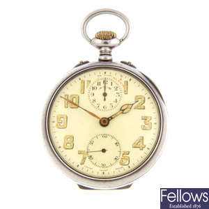 A silver open face alarm pocket watch by Zenith.